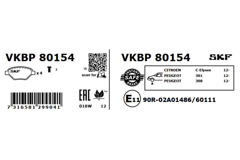 Jeu de 4 plaquettes de frein SKF ref. VKBP 80154